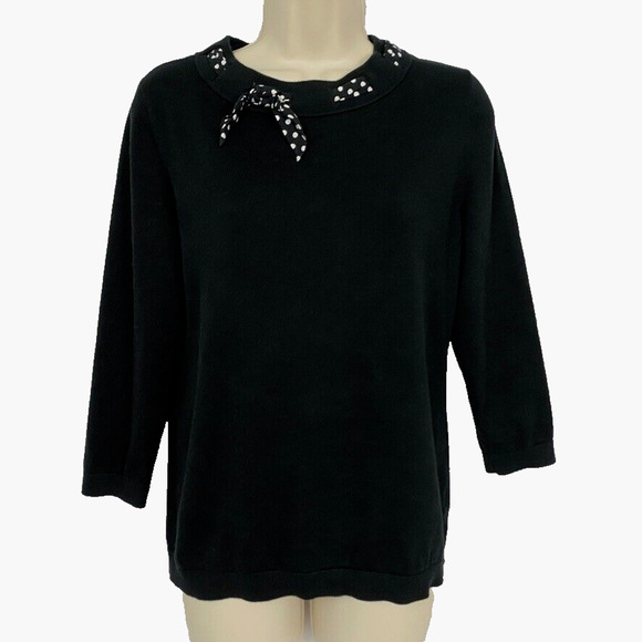 Talbots Sweater Medium Solid Black Polka Dot Bow Retro Twee Preppy Minimalist - Picture 1 of 11